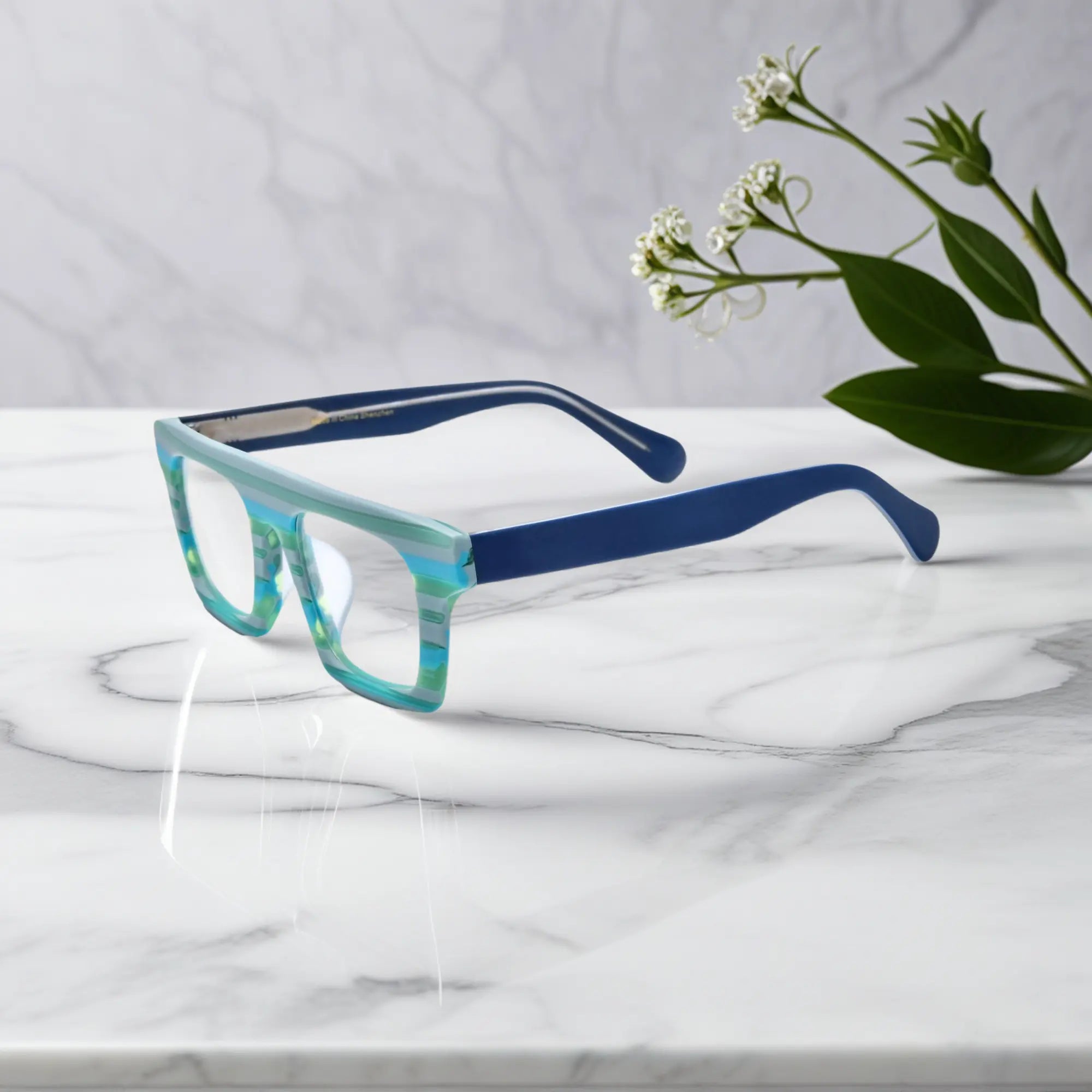 Side profile highlighting the temple structure and acetate finish of VoyueLens Acetate Square Eyeglasses in Sapphire Stripes